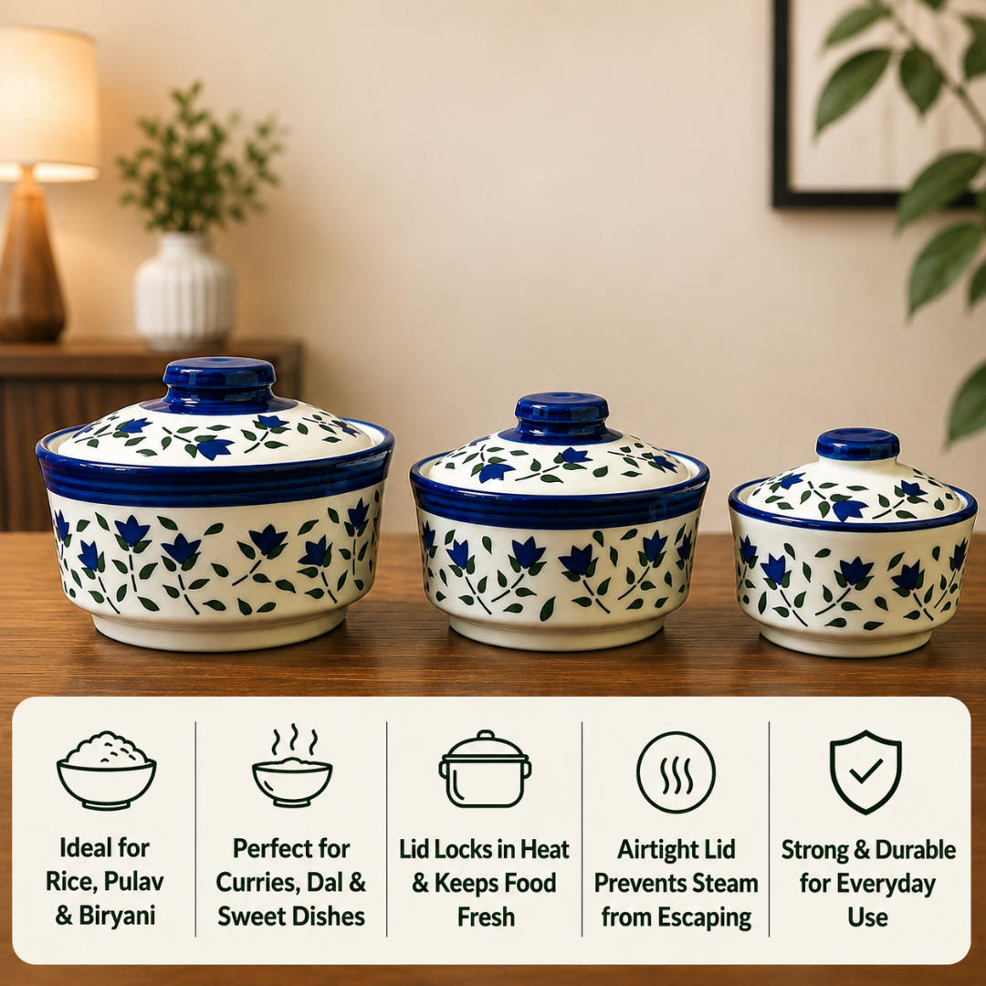 Royal Bloom Ceramic Donga Set of 3 with Lids | 850 ml, 550 ml & 300 ml | Serving Casserole for Biryani, Rice, Dal, Curry & Sweet | Microwave & Dishwasher Safe