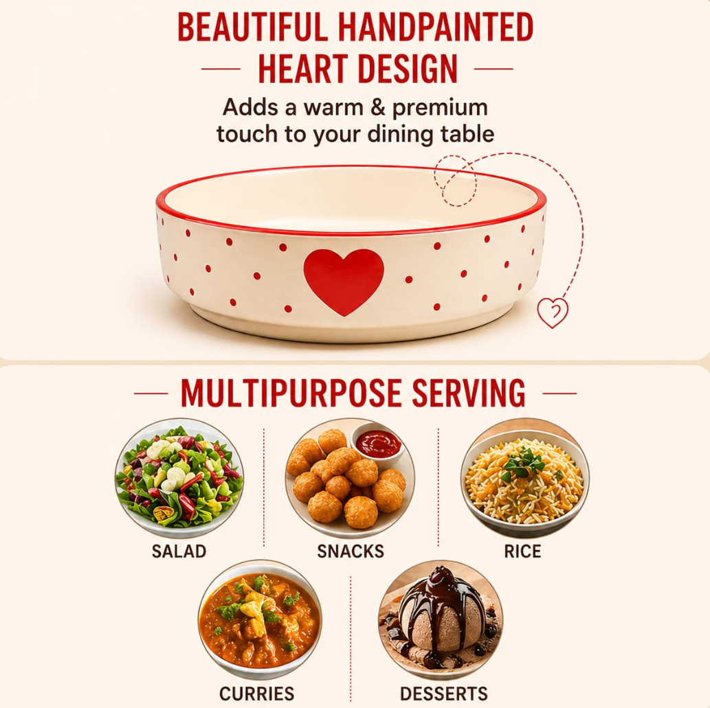 Heart Bliss Hand-painted Ceramic Serving Platter Set of 3 | Premium Salad, Starter & Curry Serving Dishes