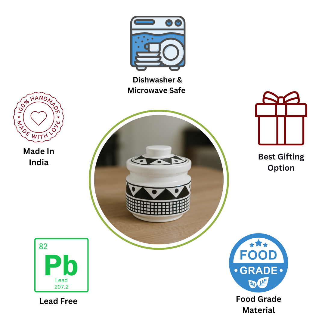 Ceramic Monochrome Charm Jar ( 600 ml capacity ) for storing Spices, Sugar, Dry fruits, Pickle, Cookies or knick-knacks.