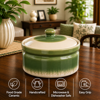 Olive Crest Handcrafted Ceramic Casserole with Lid, 1200 ml | Premium Food Grade Ceramic | Microwave & Dishwasher Safe | Ideal for Rice, Biryani, Dal, Curry, Pasta & Desserts