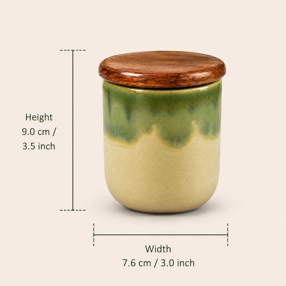 Woodland Trio Ceramic Jar Set of 3, 220 ml Each, with Airtight Wooden Lids, 3 Wooden Spoons & Ceramic Bottom Tray | Handcrafted Food Storage Containers for Tea, Coffee, Sugar, Spices & Dry Fruits