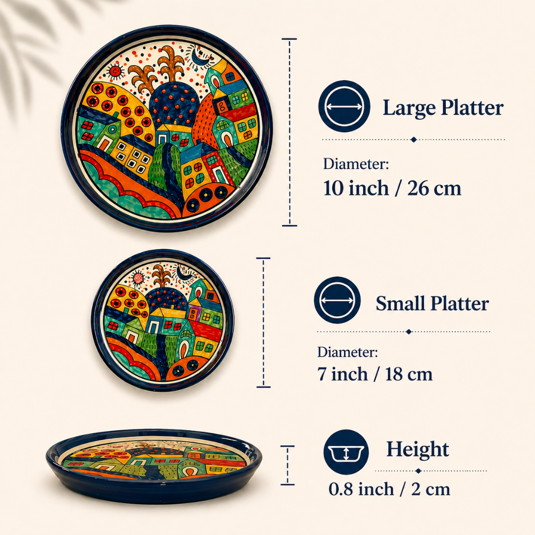 Boho Village Hand-painted Ceramic Platter Set (Set of 2) | 1 Dinner Plate + 1 Quarter Plate | Multi-Colour Folk Art Design | Serving Platters for Snacks, Starters & Meals