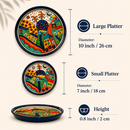 Boho Village Hand-painted Ceramic Platter Set (Set of 2) | 1 Dinner Plate + 1 Quarter Plate | Multi-Colour Folk Art Design | Serving Platters for Snacks, Starters & Meals