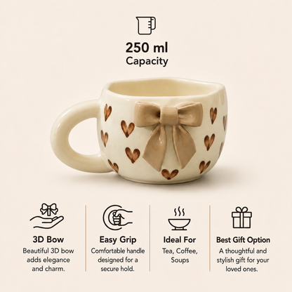Elegant Bow Ceramic Cup Set of 2 (250 ml Each) | Premium Food Grade Ceramic Coffee & Tea Mugs