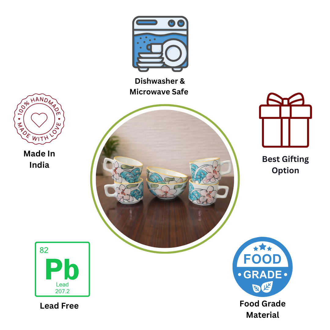 Coastal Flora Hand–Painted Ceramic Breakfast Set - 2 bowls + 4 cups