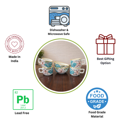 Coastal Flora Hand–Painted Ceramic Breakfast Set - 2 bowls + 4 cups