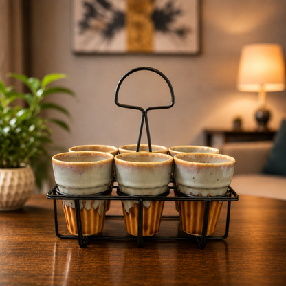 Regal Sip Ceramic Tea Glass Set of 6 (150 ml Each) with Premium Metal Stand | Chai Glasses Set