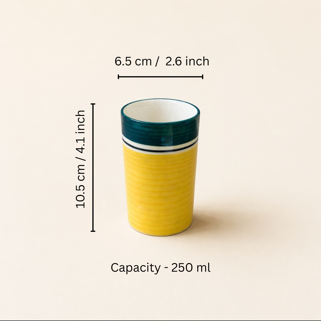 Sunflower Grove Dining Combo (Set of 4) – 2 Ceramic Deep Plates & 2 Glasses (250 ml) | Yellow & Green Premium Tableware  | Ideal for Idli, Pasta, Noodles & Desserts | Microwave & Dishwasher Safe