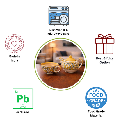 Morning Raga Hand-Painted Ceramic One Cup Kettle Tea Set – Tea for One (350ml Kettle + 200ml Cup)