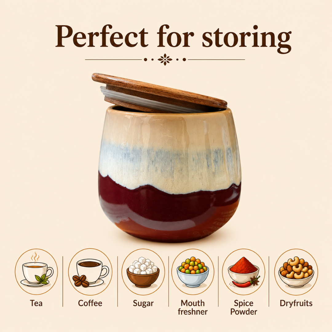 Rustic Harmony Airtight Ceramic Storage Jar Set of 2 with Wooden Lids & Silicone Seal | 300 ml Each | Food-Grade Kitchen Storage Containers for Tea, Coffee, Sugar, Dry Fruits, Spices & Mouth Freshener