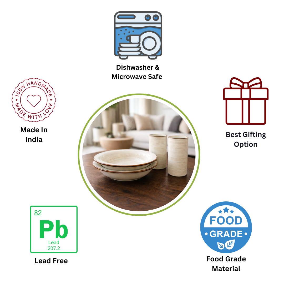 Cocoa Elegance Dining Combo (Set of 4) - 2 Ceramic Deep Plates & 2 Glasses (250 ml) | Premium Brown Rim Finish | Ideal for Idli, Pasta, Noodles & Desserts | Microwave & Dishwasher Safe
