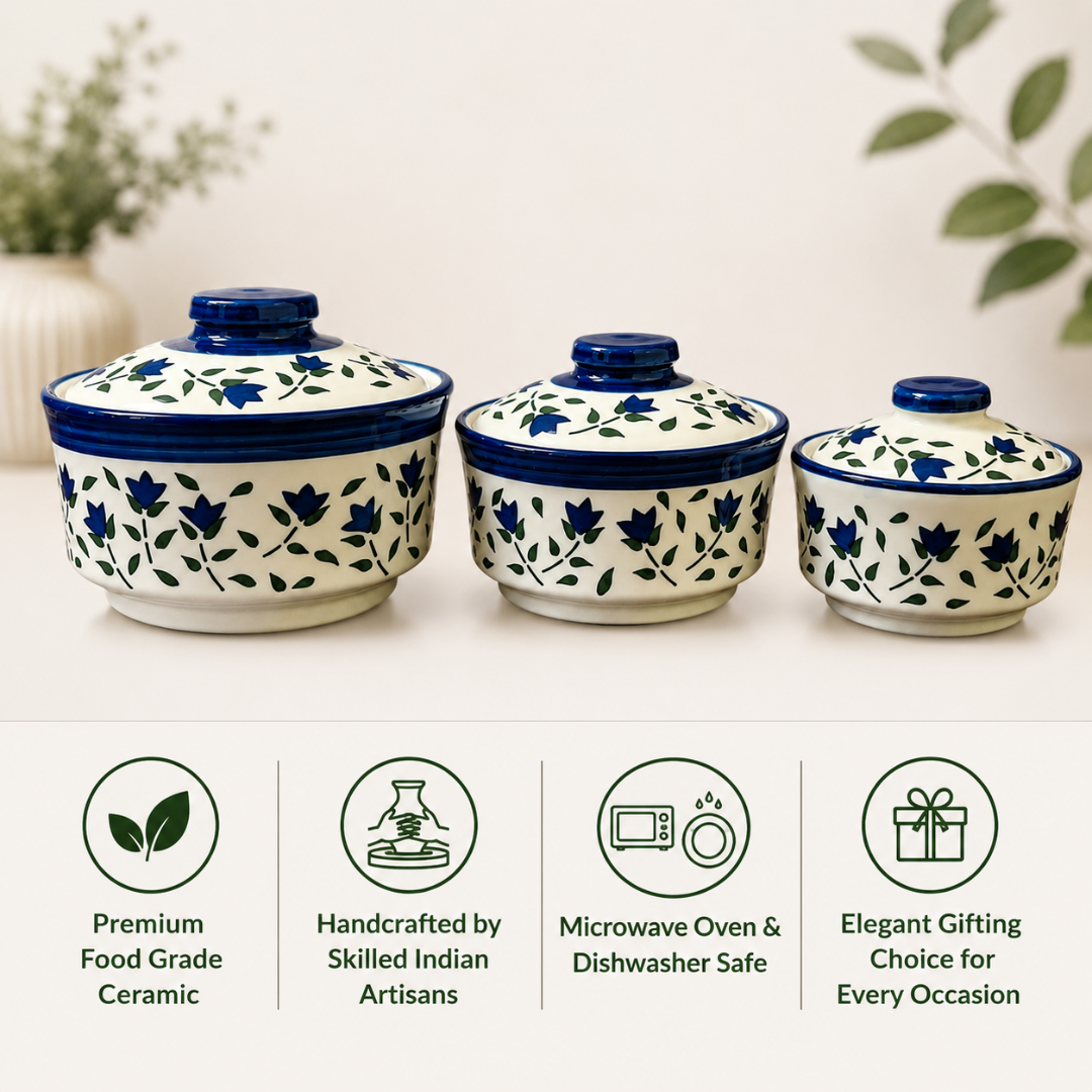 Royal Bloom Ceramic Donga Set of 3 with Lids | 850 ml, 550 ml & 300 ml | Serving Casserole for Biryani, Rice, Dal, Curry & Sweet | Microwave & Dishwasher Safe