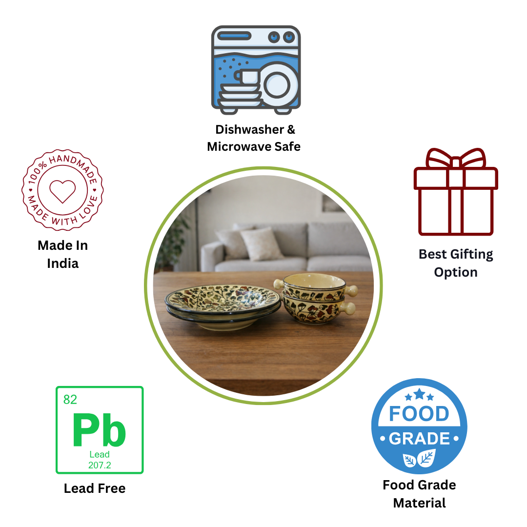 Garden Vine Handcrafted Ceramic Deep Plate & Bowl Combo ( 2 Deep Plates + 2 Bowls ) Premium Dining & Gifting