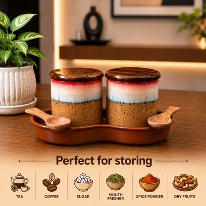 Sunrise Glaze Ceramic Jar Set of 2, 220 ml Each, with Airtight Wooden Lids, 2 Wooden Spoons & Ceramic Bottom Tray | Handcrafted Food Storage Containers for Tea, Coffee, Sugar, Spices & Dry Fruits