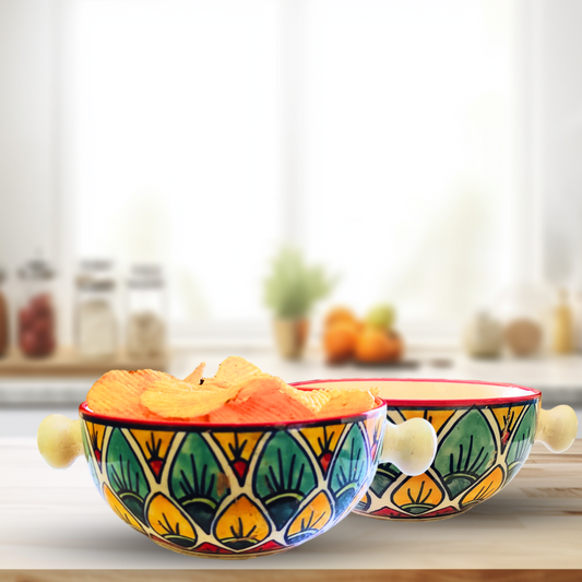 “Painted Petals” Ceramic Bowls with Handles For Serving Soup / Salads / Snacks – Set Of 2 Best Gifting Options