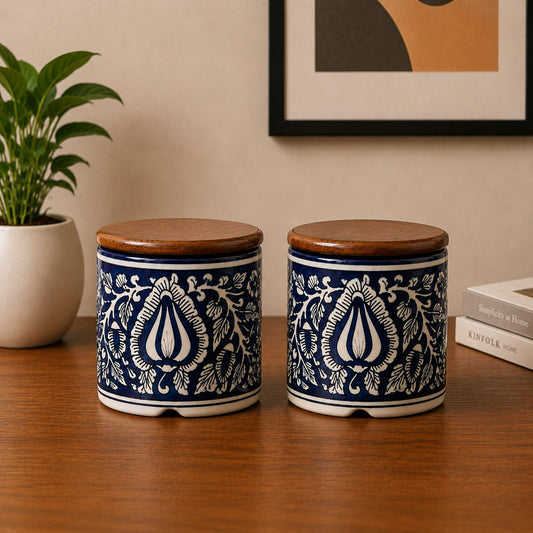 Royal Elegance Handcrafted Ceramic Jar Set of - 2 with Airtight Wooden Lid, 750 ml, Hand-Painted Storage Jar for Tea, Coffee, Sugar & Dry Fruits