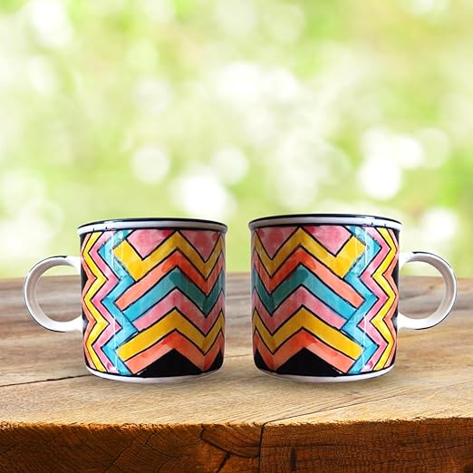 Coffee Mug | Tea Mug | Milk Mug Zig Zag Pattern (350 ml, Multicolour) – Set of 2