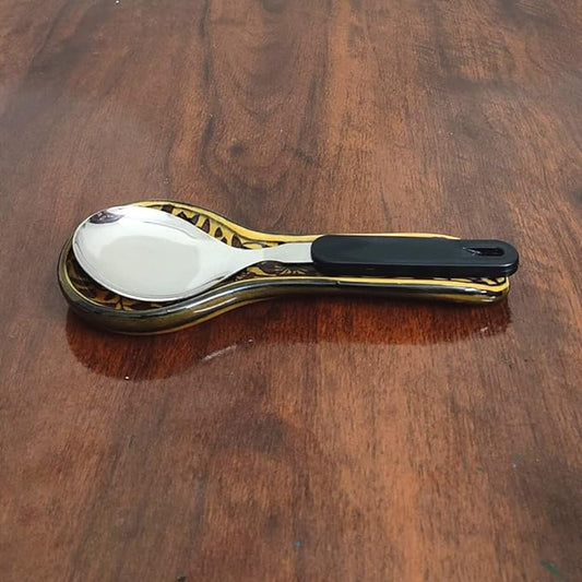 Hand Painted Ceramic Kitchen Serving Spoon Rest for Kitchen Counter | Stove Top | Table Top – Dark Brown