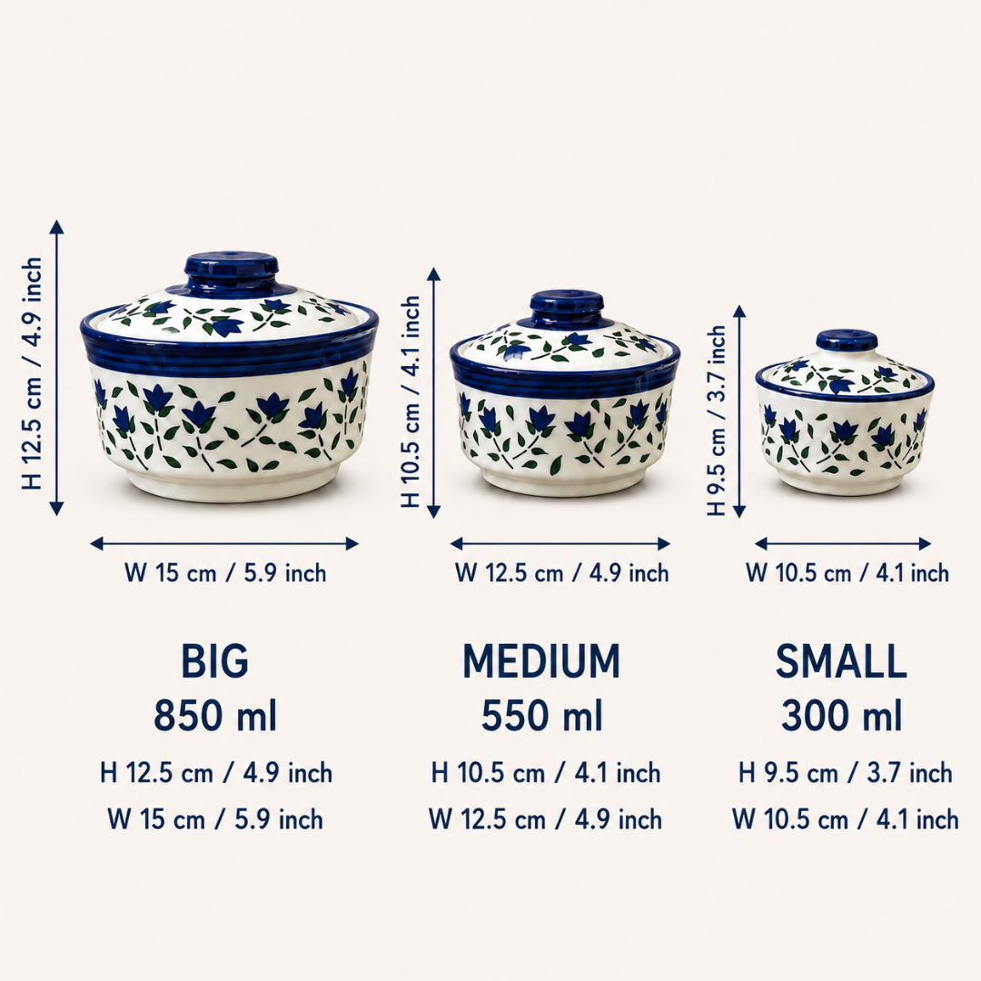 Royal Bloom Ceramic Donga Set of 3 with Lids | 850 ml, 550 ml & 300 ml | Serving Casserole for Biryani, Rice, Dal, Curry & Sweet | Microwave & Dishwasher Safe