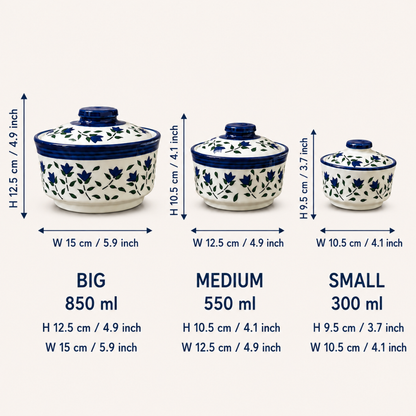 Royal Bloom Ceramic Donga Set of 3 with Lids | 850 ml, 550 ml & 300 ml | Serving Casserole for Biryani, Rice, Dal, Curry & Sweet | Microwave & Dishwasher Safe