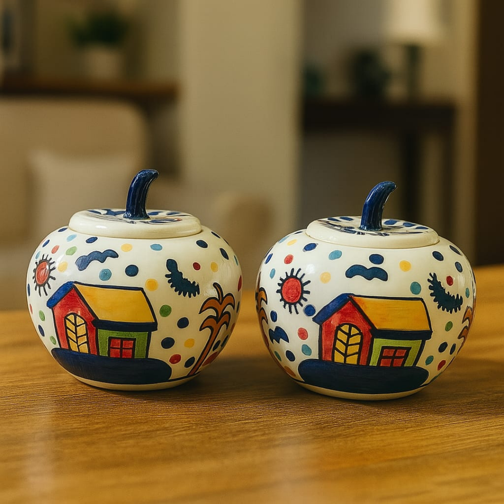 Ceramic Apple Cottage Jar set of 2 ( 350 ml each ) for storing Spices, Sugar, Dry fruits, Pickle, Jam or knick-knacks.