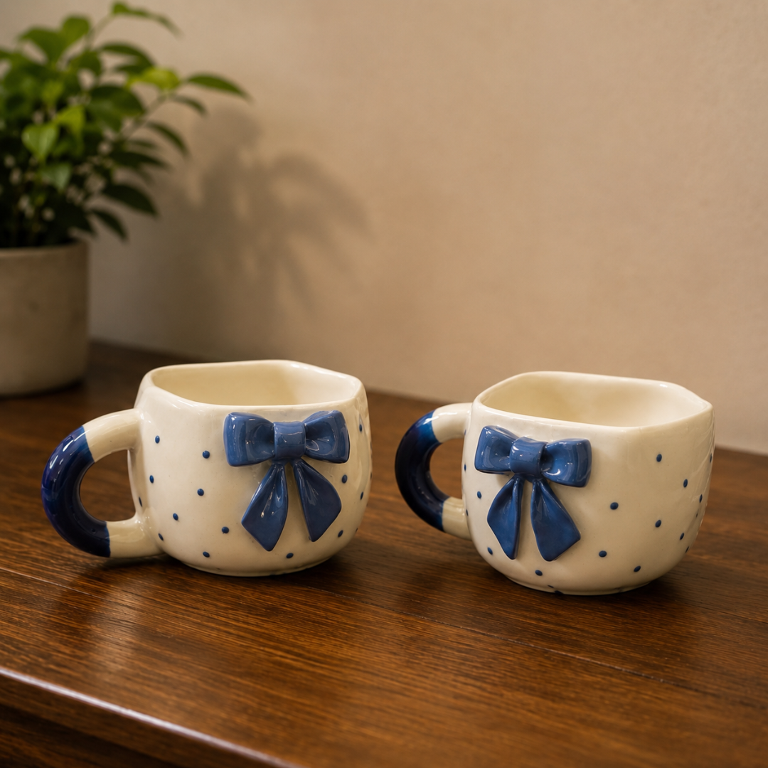 Elegant Bow Ceramic Cup Set of 2 (250 ml Each) | Premium Food Grade Ceramic Coffee & Tea Mugs