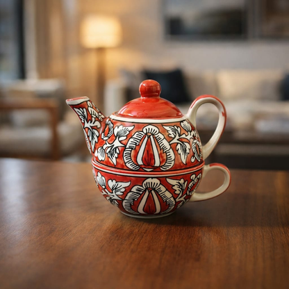 Morning Raga Hand-Painted Ceramic One Cup Kettle Tea Set – Tea for One (350ml Kettle + 200ml Cup)