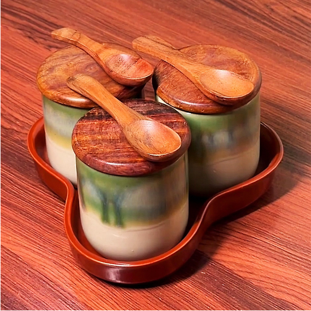 Woodland Trio Ceramic Jar Set of 3, 220 ml Each, with Airtight Wooden Lids, 3 Wooden Spoons & Ceramic Bottom Tray | Handcrafted Food Storage Containers for Tea, Coffee, Sugar, Spices & Dry Fruits