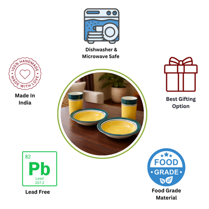 Sunflower Grove Dining Combo (Set of 4) – 2 Ceramic Deep Plates & 2 Glasses (250 ml) | Yellow & Green Premium Tableware  | Ideal for Idli, Pasta, Noodles & Desserts | Microwave & Dishwasher Safe