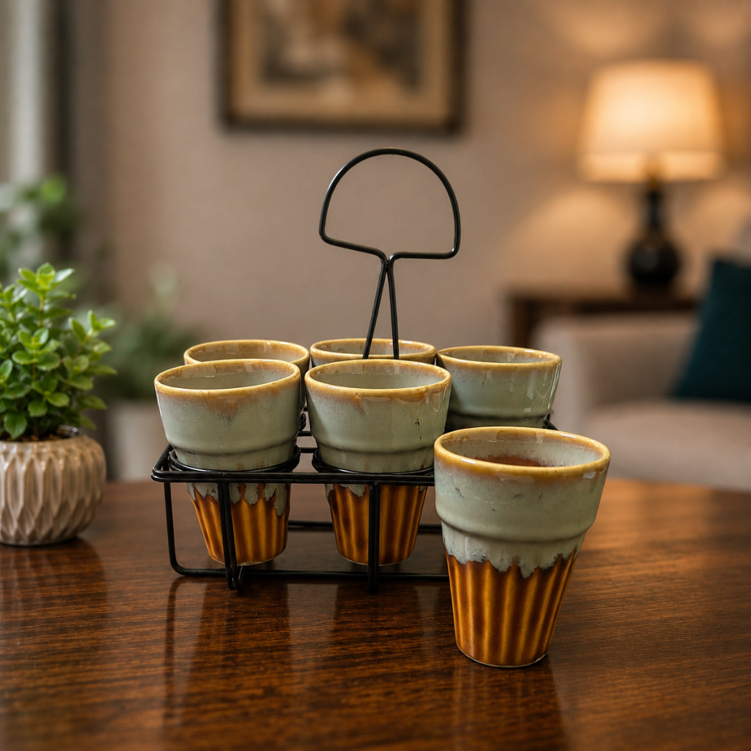 Regal Sip Ceramic Tea Glass Set of 6 (150 ml Each) with Premium Metal Stand | Chai Glasses Set