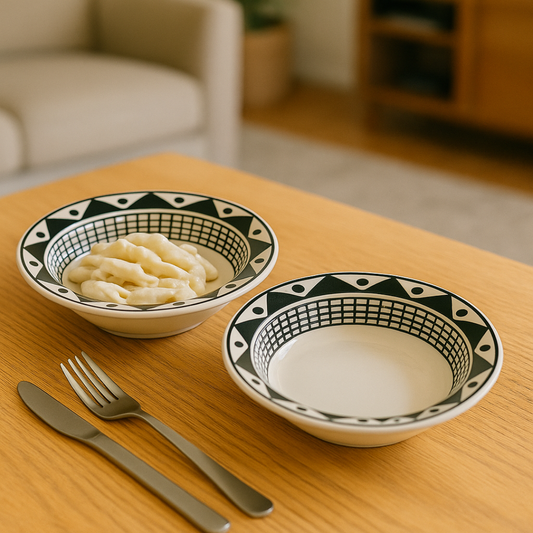 Geometric Charm Ceramic Plates – Set of 2 for Pasta, Soup, Noodles, and Snacks.