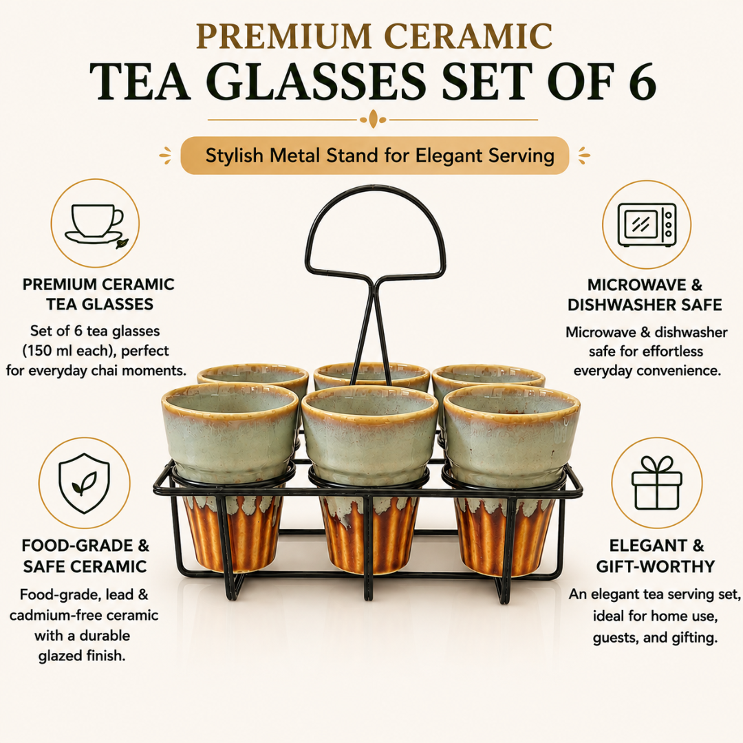 Regal Sip Ceramic Tea Glass Set of 6 (150 ml Each) with Premium Metal Stand | Chai Glasses Set