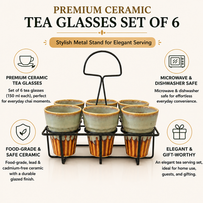 Regal Sip Ceramic Tea Glass Set of 6 (150 ml Each) with Premium Metal Stand | Chai Glasses Set