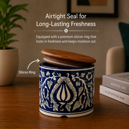 Royal Elegance Handcrafted Ceramic Jar Set of - 2 with Airtight Wooden Lid, 750 ml, Hand-Painted Storage Jar for Tea, Coffee, Sugar & Dry Fruits