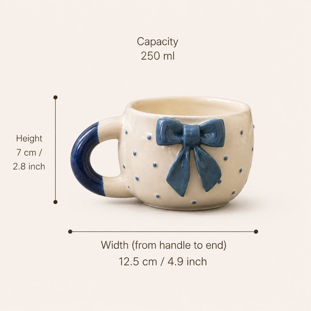 Elegant Bow Ceramic Cup Set of 2 (250 ml Each) | Premium Food Grade Ceramic Coffee & Tea Mugs