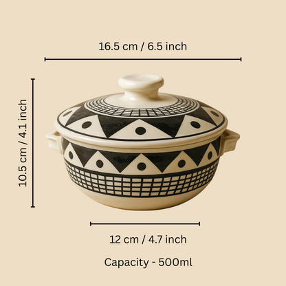 Monochrome Mosaic Handcrafted Ceramic Deep Plate & Casserole Combo ( 2 Deep Plates + 1 Casserole ) Premium Dining & Gifting