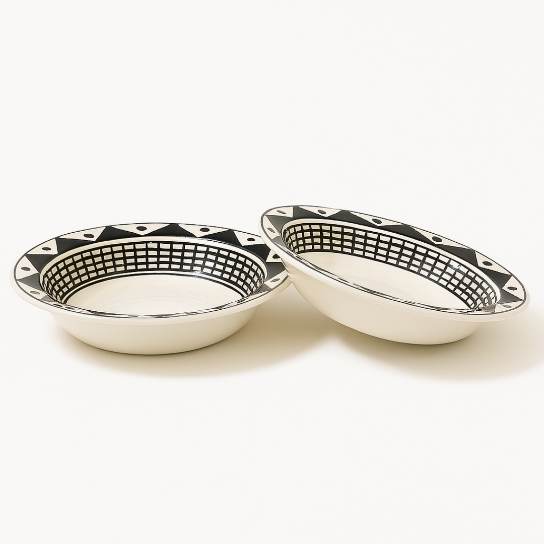 Geometric Charm Ceramic Plates – Set of 2 for Pasta, Soup, Noodles, and Snacks.