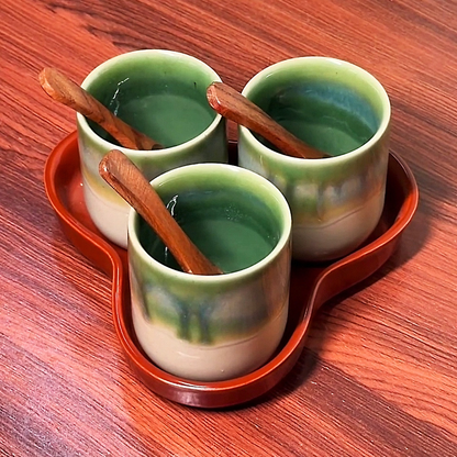 Woodland Trio Ceramic Jar Set of 3, 220 ml Each, with Airtight Wooden Lids, 3 Wooden Spoons & Ceramic Bottom Tray | Handcrafted Food Storage Containers for Tea, Coffee, Sugar, Spices & Dry Fruits