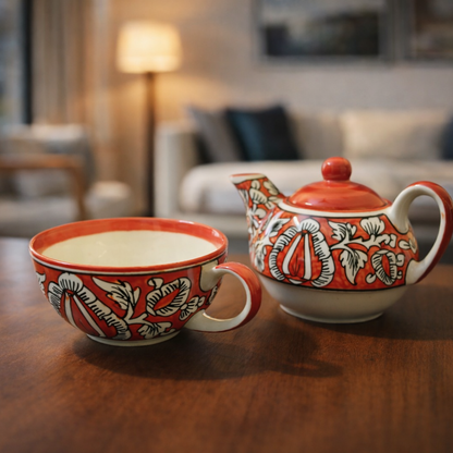Morning Raga Hand-Painted Ceramic One Cup Kettle Tea Set – Tea for One (350ml Kettle + 200ml Cup)