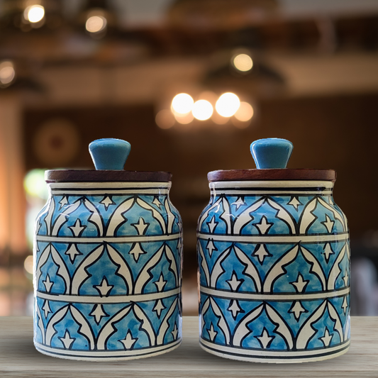 Turquoise Treasure” Air Tight Ceramic Jars with Wooden Lid For Storing Tea/ Sugar/ Pickle/ Jam etc. – Set Of 2