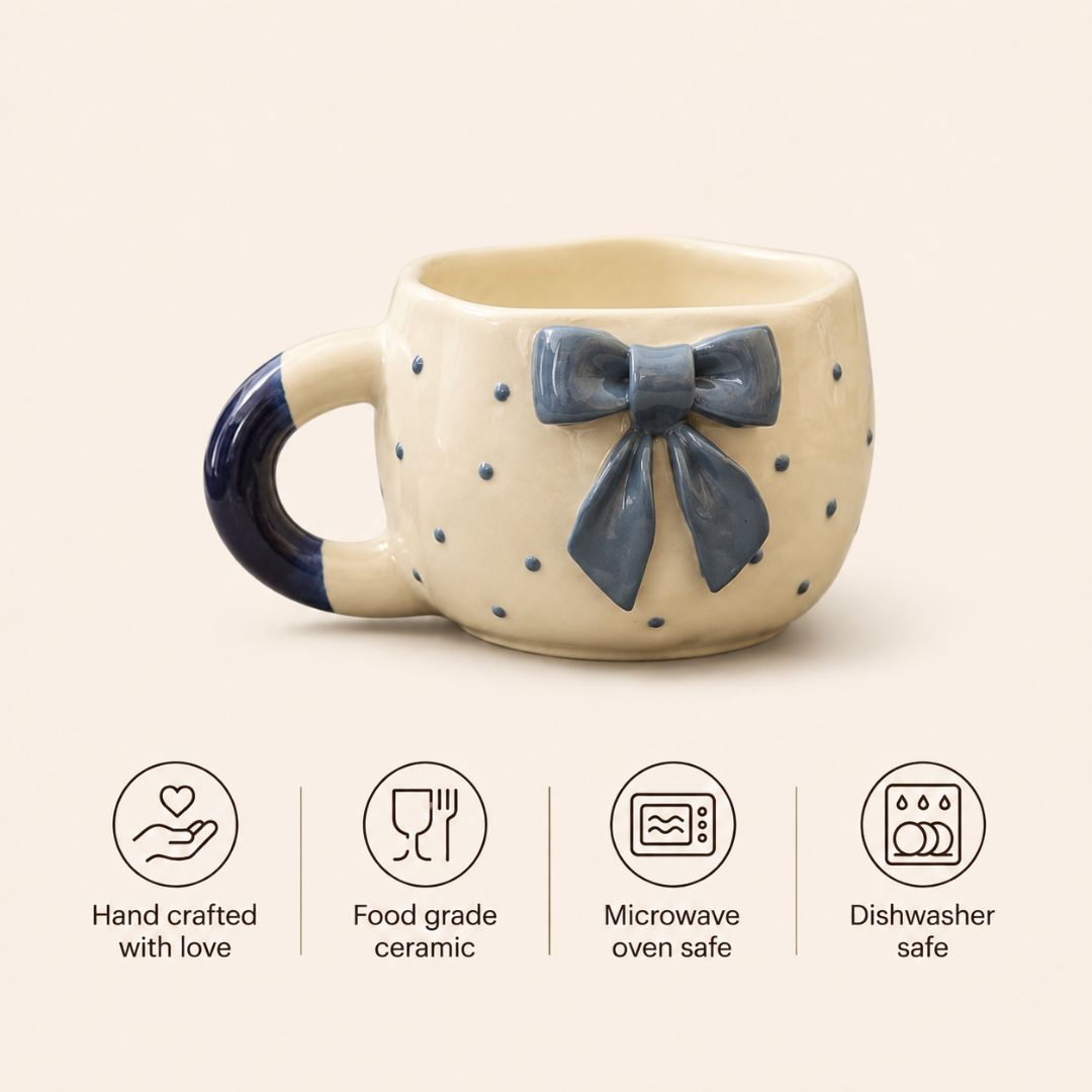 Elegant Bow Ceramic Cup Set of 2 (250 ml Each) | Premium Food Grade Ceramic Coffee & Tea Mugs