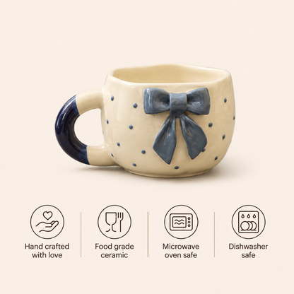 Elegant Bow Ceramic Cup Set of 2 (250 ml Each) | Premium Food Grade Ceramic Coffee & Tea Mugs