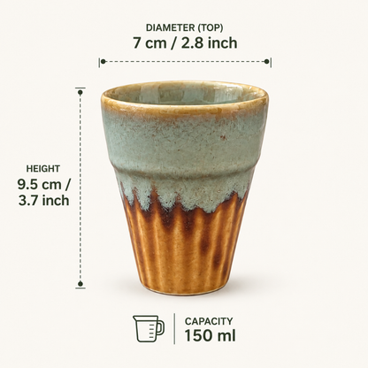 Regal Sip Ceramic Tea Glass Set of 6 (150 ml Each) with Premium Metal Stand | Chai Glasses Set
