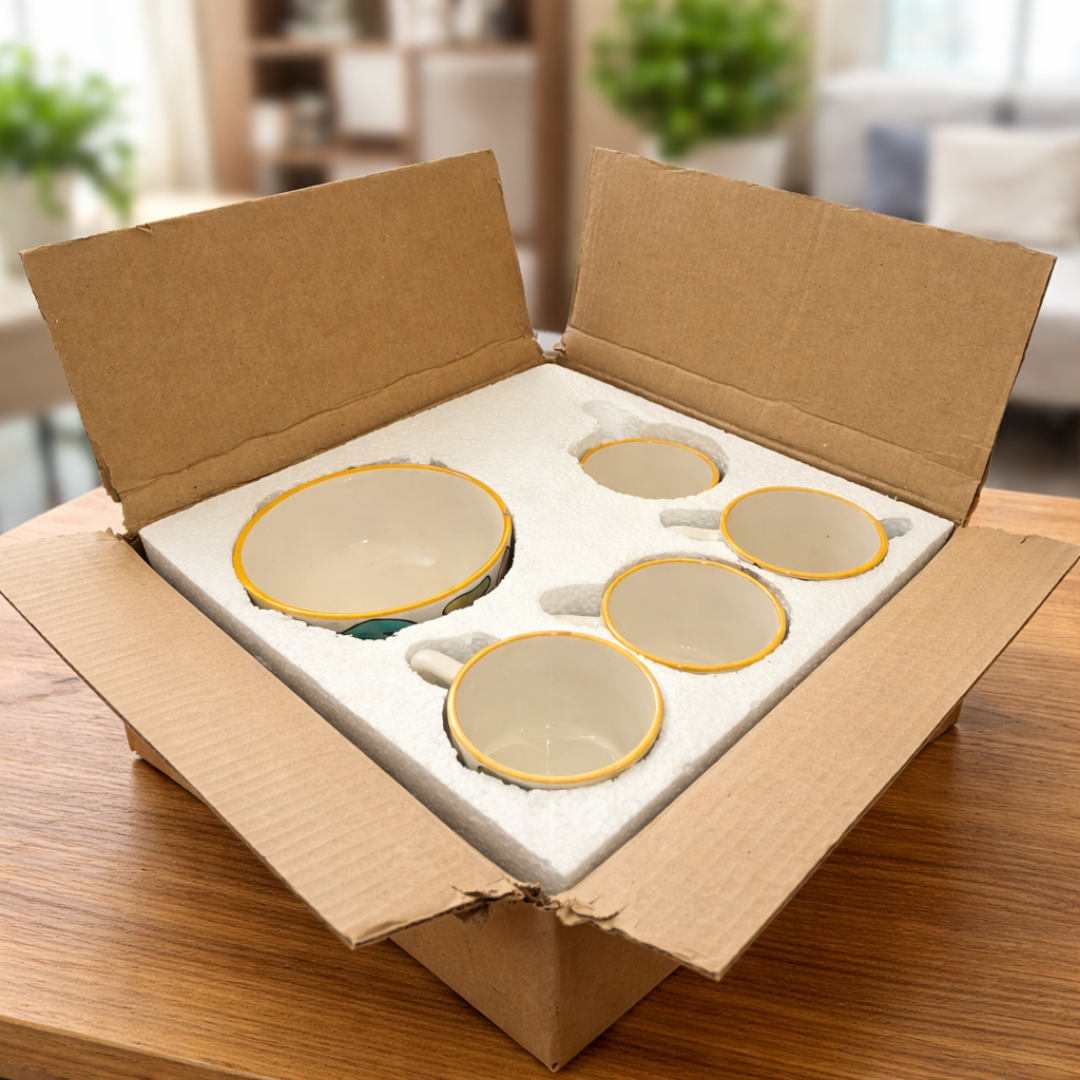 Coastal Flora Hand–Painted Ceramic Breakfast Set - 2 bowls + 4 cups