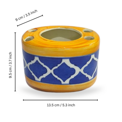 Hand Painted Ceramic Toothbrush Holder (Mughal Painting Blue & Yellow), Toothpaste Holder for Bathroom Sink