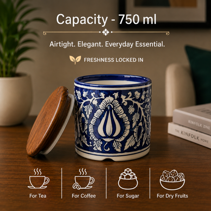 Royal Elegance Handcrafted Ceramic Jar Set of - 2 with Airtight Wooden Lid, 750 ml, Hand-Painted Storage Jar for Tea, Coffee, Sugar & Dry Fruits