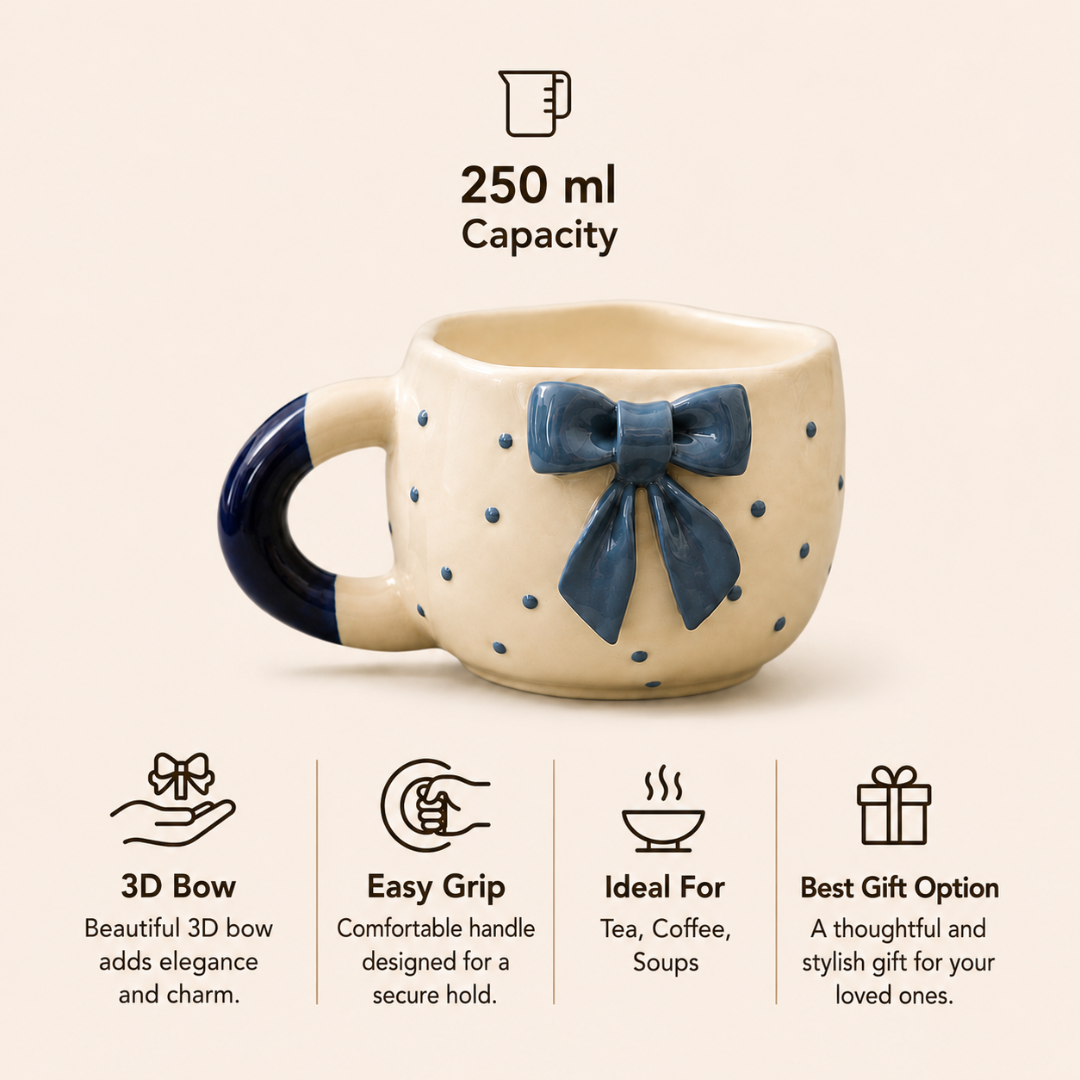 Elegant Bow Ceramic Cup Set of 2 (250 ml Each) | Premium Food Grade Ceramic Coffee & Tea Mugs