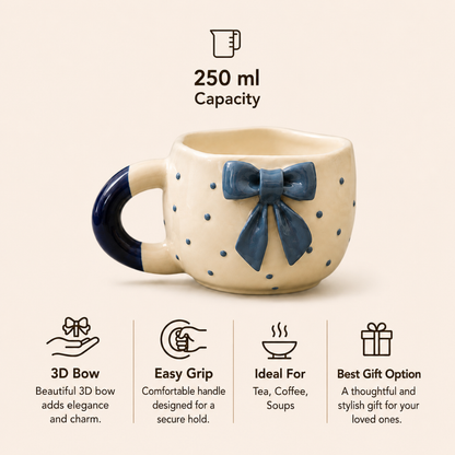 Elegant Bow Ceramic Cup Set of 2 (250 ml Each) | Premium Food Grade Ceramic Coffee & Tea Mugs