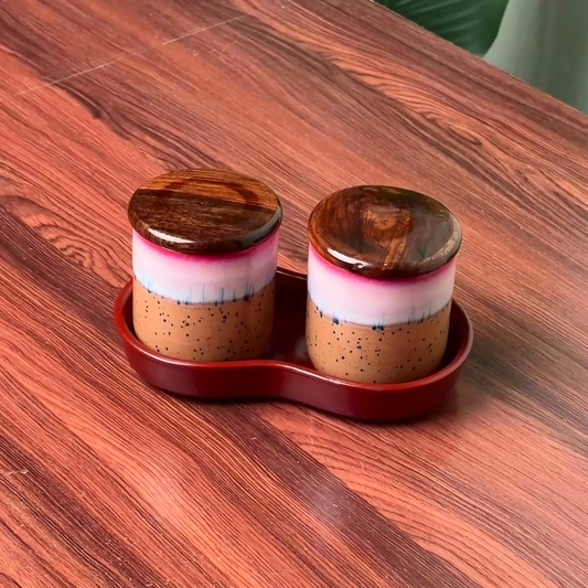 Sunrise Glaze Ceramic Jar Set of 2, 220 ml Each, with Airtight Wooden Lids, 2 Wooden Spoons & Ceramic Bottom Tray | Handcrafted Food Storage Containers for Tea, Coffee, Sugar, Spices & Dry Fruits