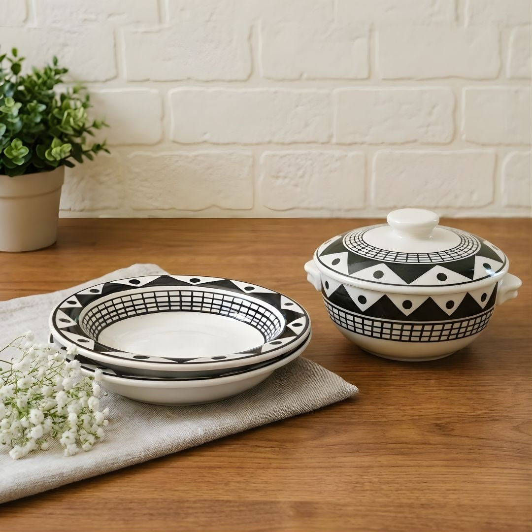 Monochrome Mosaic Handcrafted Ceramic Deep Plate & Casserole Combo ( 2 Deep Plates + 1 Casserole ) Premium Dining & Gifting